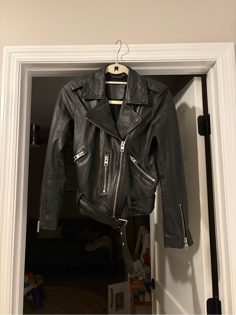 AllSaints Black Leather Moto Jacket with Silver Hardware